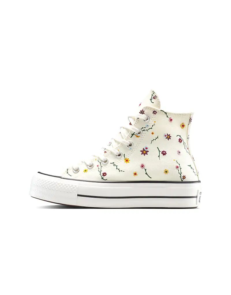 Кеды Converse Chuck Taylor All Star Lift на платформе с вышитыми цветами в цвете цапля/винтажный белый/черный — фото 3