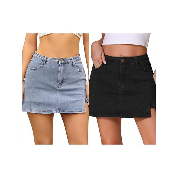 

2 упаковки женских джинсовых шорт-юбок с высокой талией, а-силуэтом, эластичных, с боковым разрезом, мини Inspire Chic, Light Blue Black