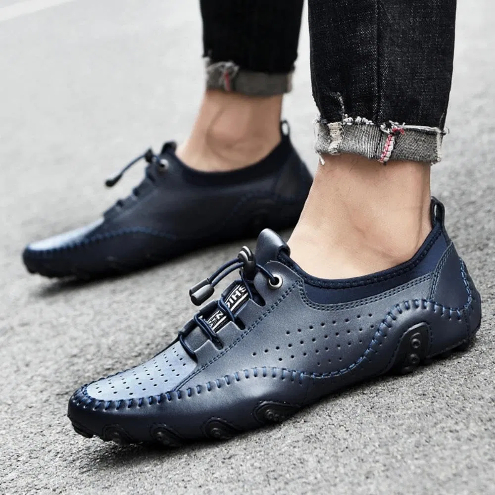 Мокасины кожаные перфорированные Asifn Loafers, синий — фото 3