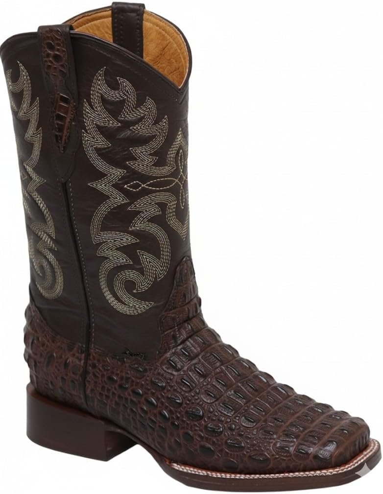 

Мужские кожаные ковбойские сапоги с экзотическим принтом каимана и квадратным носком - коричневые Generic