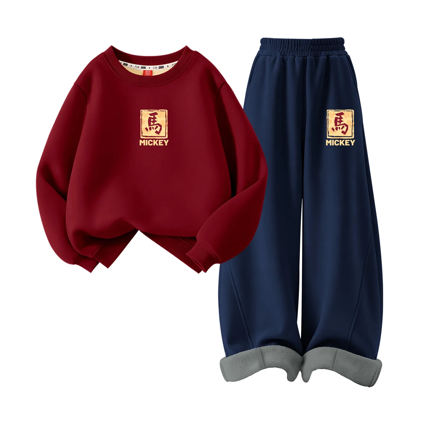 Детская повседневная спортивная футболка с круглым вырезом Disney, [Thickened and Fleece-Lined]De Fuma Logo K_Medium Burgundy+De Fuma Logo K Navy Blue