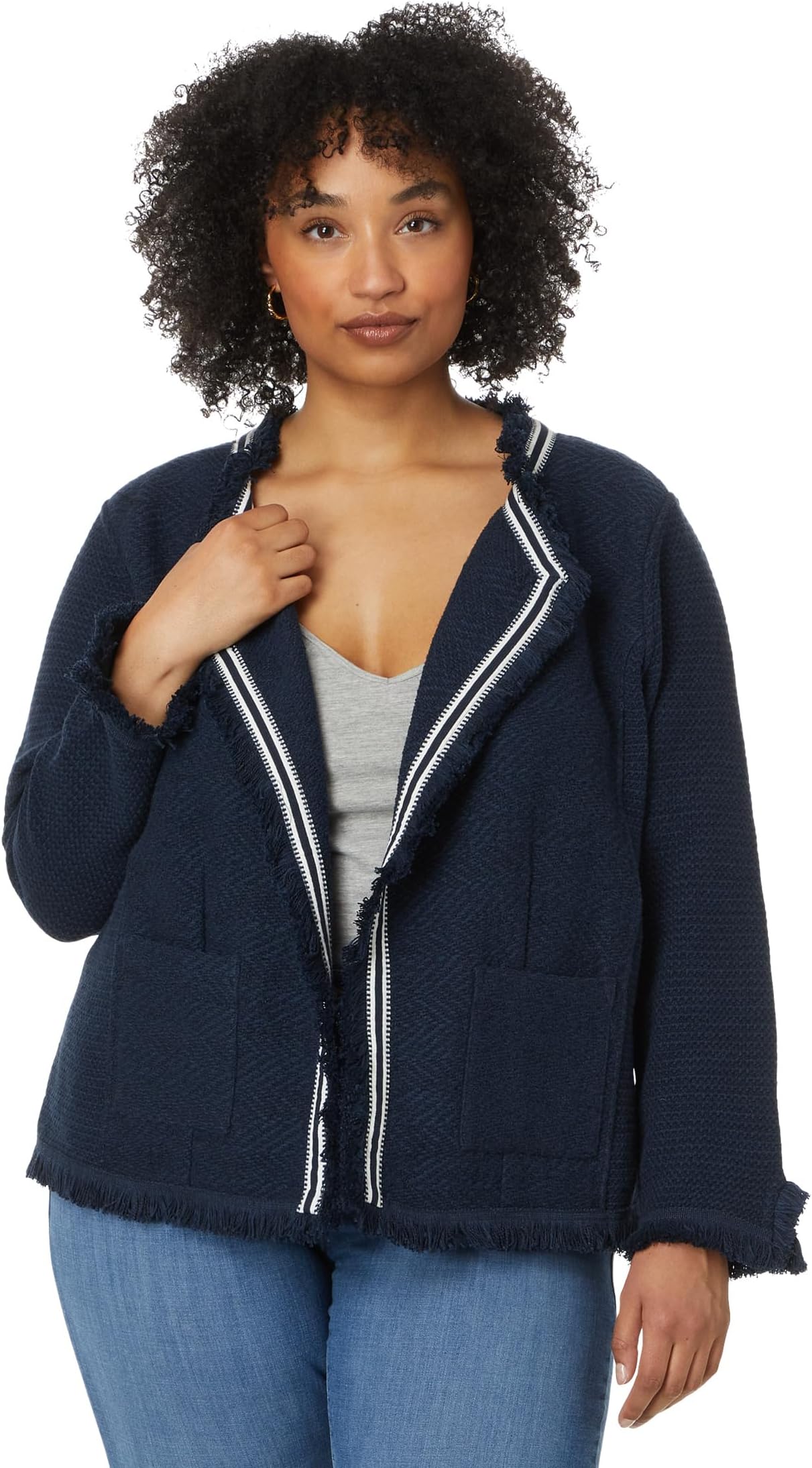 

Куртка NIC+ZOE Plus Size Ribbon Trim Fringe Mix Knit Jacket, цвет Dark Indigo