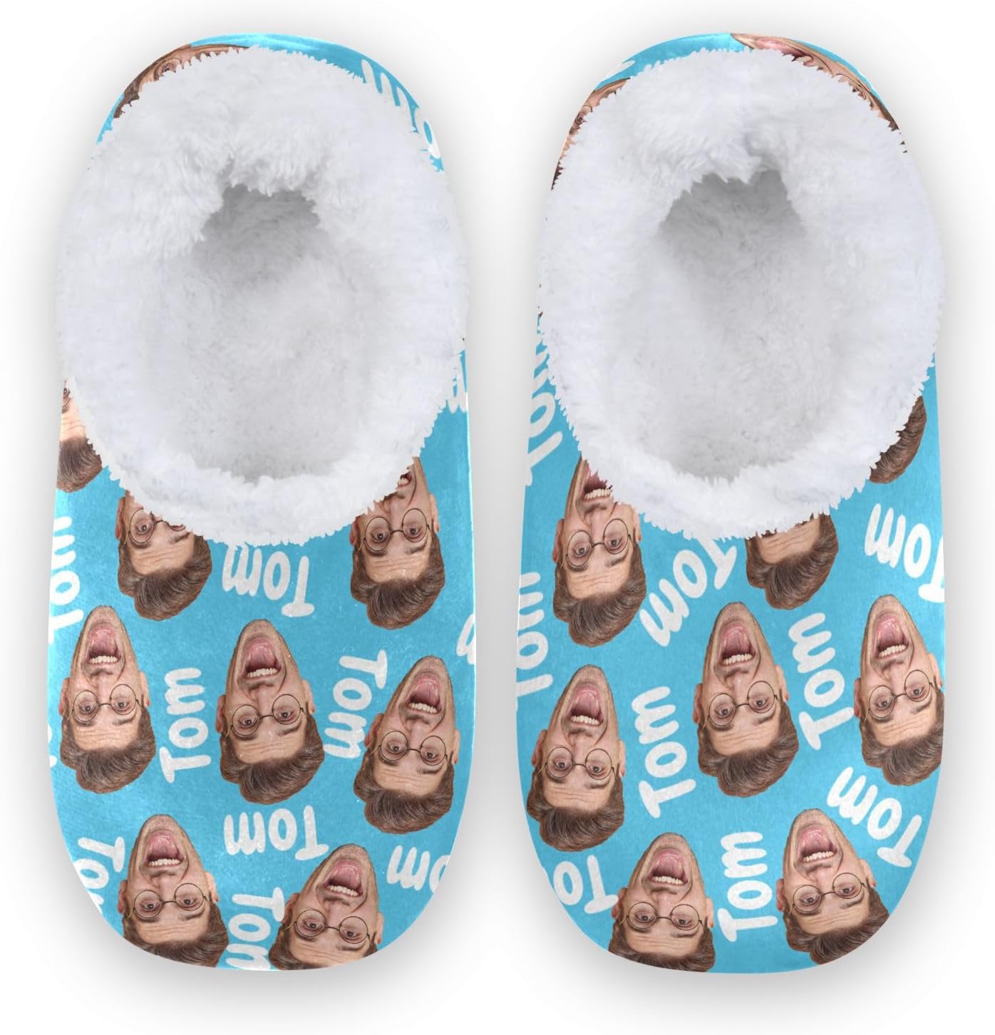 

Женские и мужские домашние тапочки с закрытой пяткой из мягкой памяти, с вязкой, подкладкой из флиса, с фото лица и текстом, теплые носки для отеля, дома и улицы Innewgogo, синий