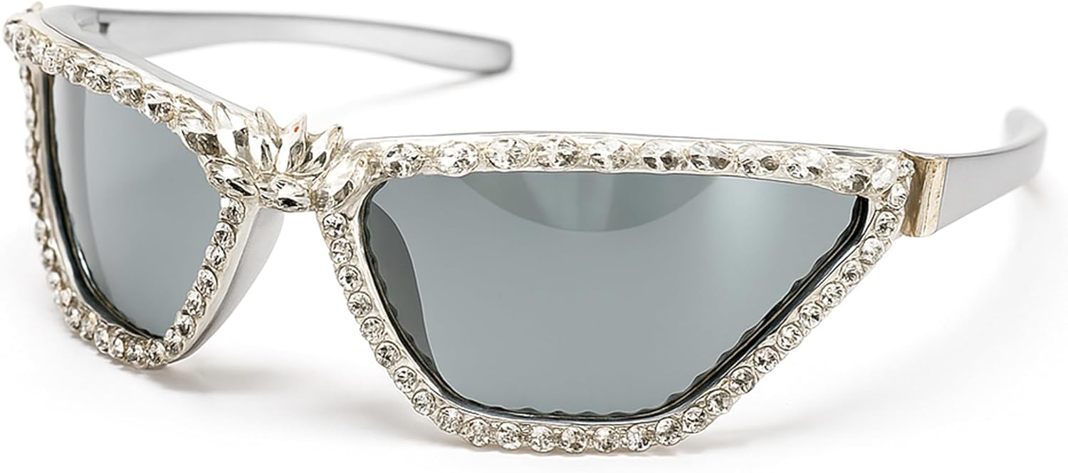 

bullabulling Модные солнцезащитные очки большого размера в винтажном квадратном стиле со стразами для женщин и мужчин, блестящие хрустальные солнцезащитные очки UV400, Silver/Clear