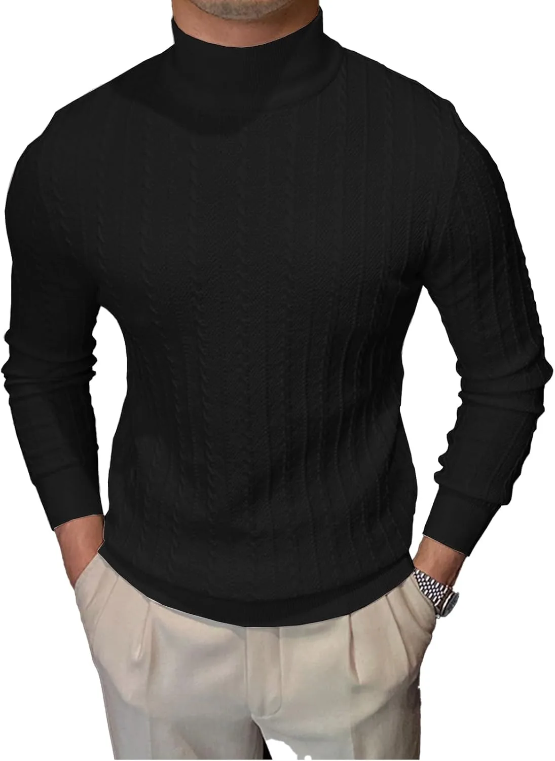 

Мужской свитер с высоким воротником, длинный рукав, slim fit, кабельная вязка iudam