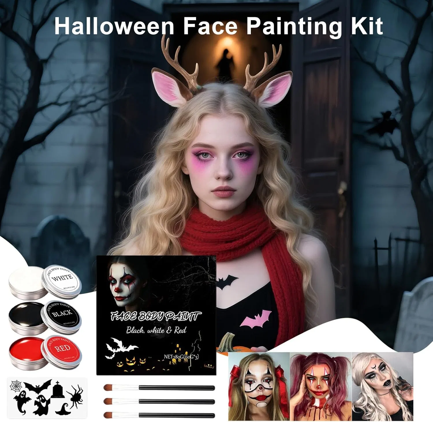 Набор для росписи лица и тела Halloween, белый, 3 цвета по 60 г, 3 кисти, 1 временная печать — фото 3