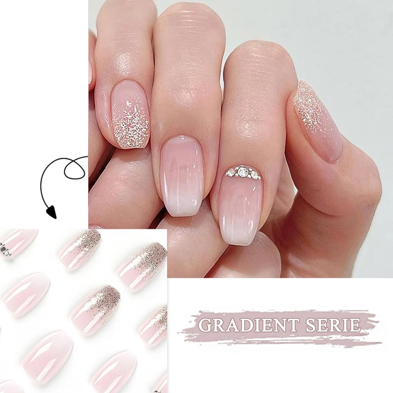 Накладные ногти «Балерина» с градиентом и стразами (24 шт.) Virellay, Light Pink White — фото 2