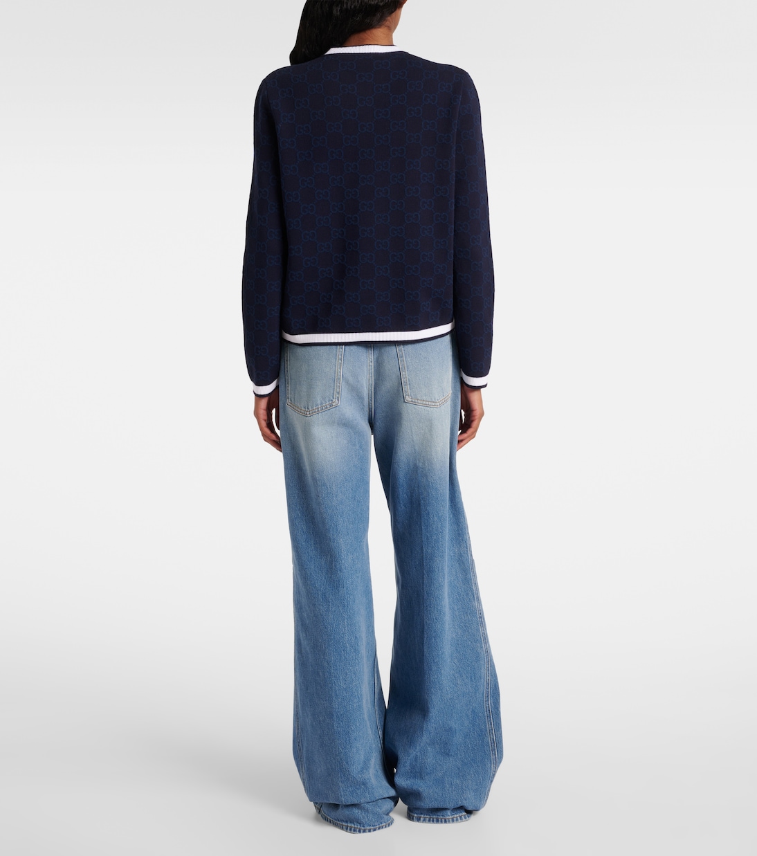 Кардиган из хлопка с интарсией GG Gucci, Navy/White — фото 3