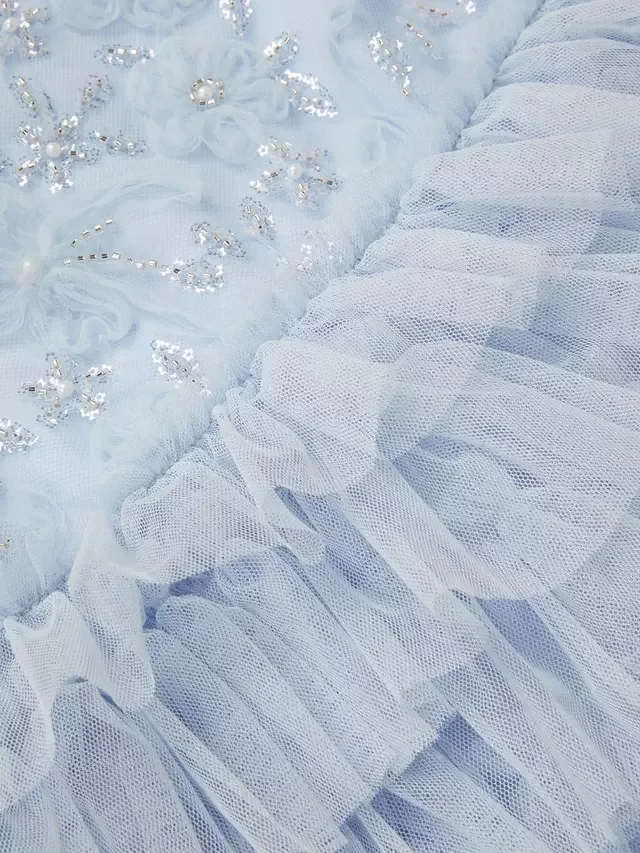 Детское платье Shikha с цветочным декором и многоярусными оборками, бледно-голубое Monsoon — фото 2
