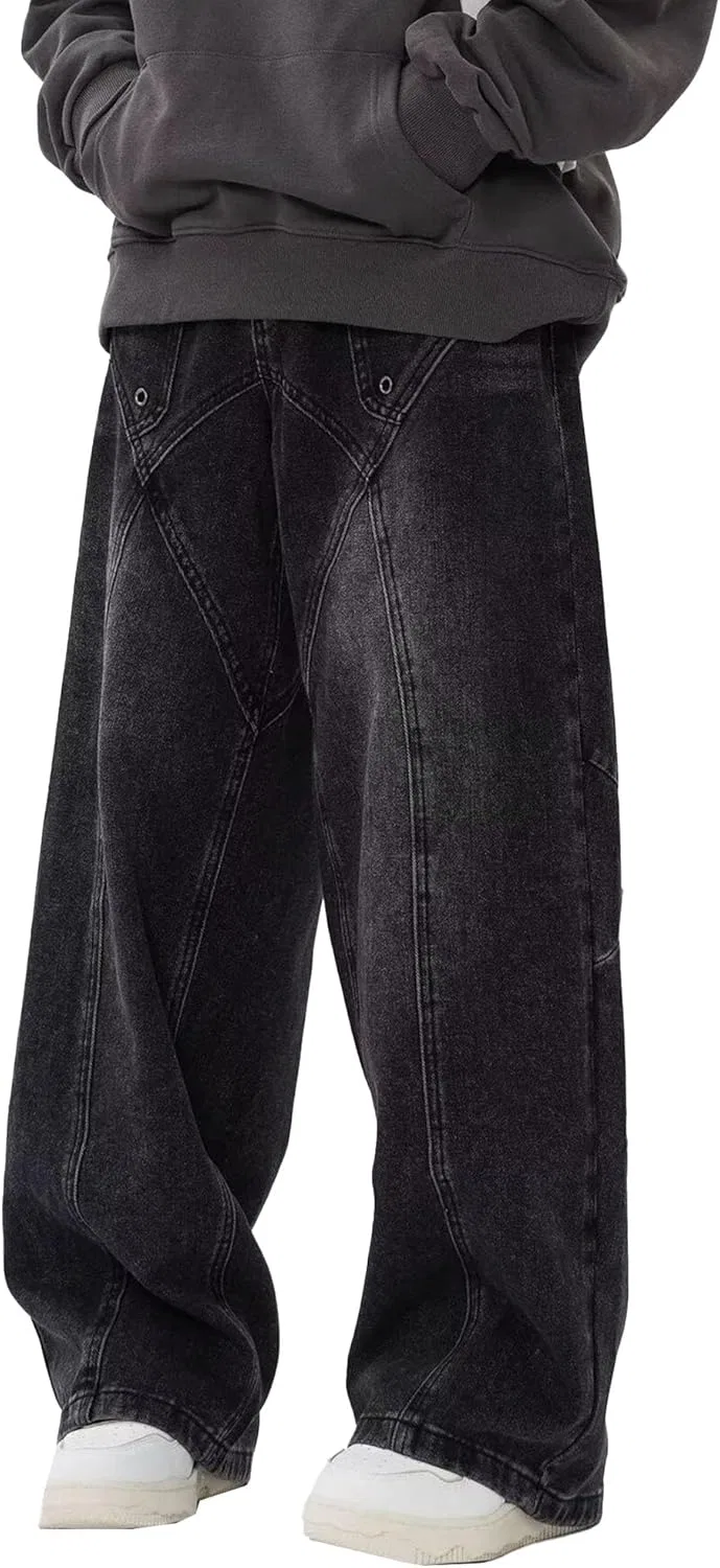 Джинсы свободные Men's Irregular Sutures Y2k Hip Hop Baggy Jeans Wide Leg Vintage Denim Pants Casual Loose Fit Streetwear Trouser Black