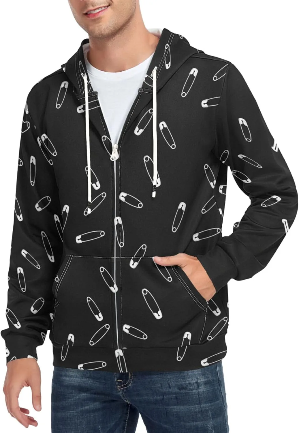 

Мужская худи на молнии с булавками, черная, с карманом CUPADA