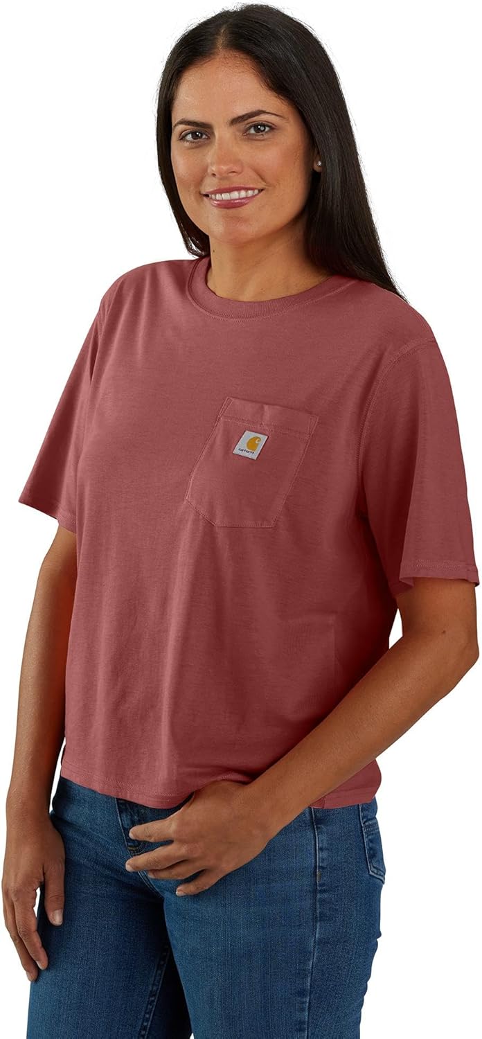 

Carhartt женская футболка с карманом, свободного кроя, с коротким рукавом, из серии Tencel Fiber (также доступна в размерах Plus), Barnwood, Коричневый, Carhartt женская футболка с карманом, свободного кроя, с коротким рукавом, из серии Tencel Fiber (такж