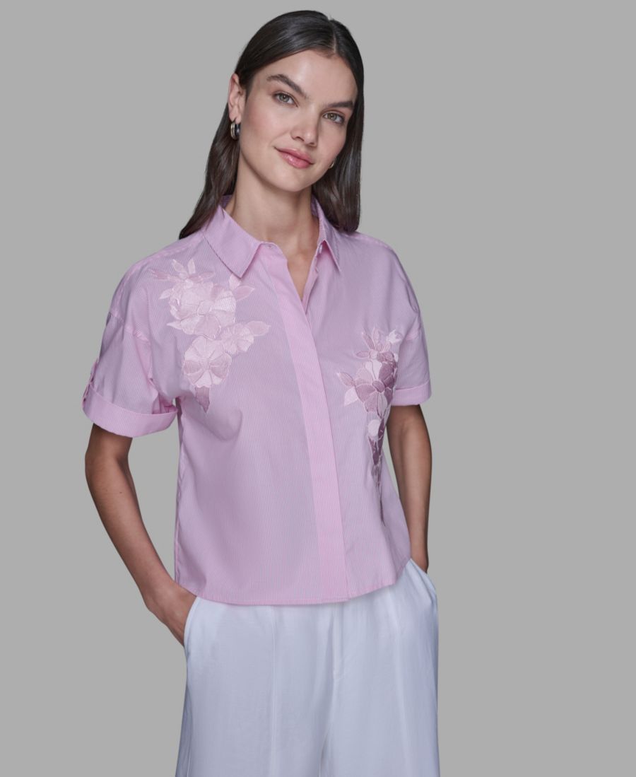 

Женская полосатая блузка с цветочным принтом KARL LAGERFELD PARIS, Prism Pink/Soft White