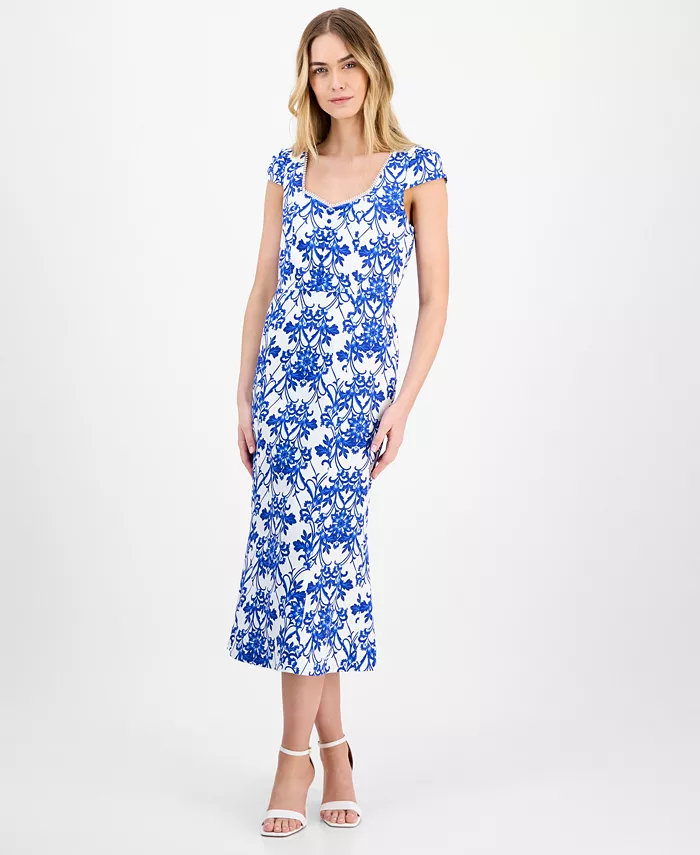 

Печатаное миди-платье с короткими рукавами и вырезом "сердечко" Anne Klein, синий