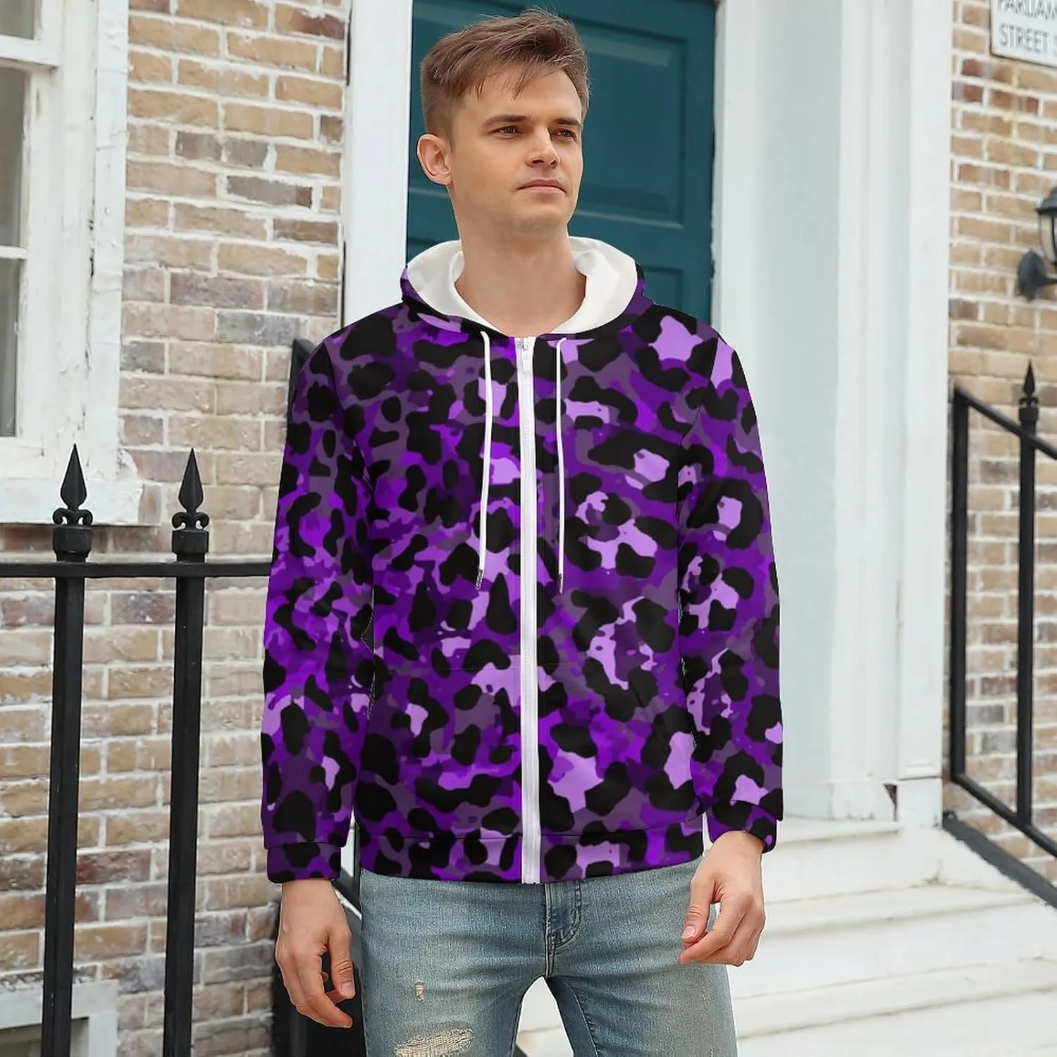 Худи с леопардовым принтом Purple Leopard Print, застежка-молния, оверсайз — фото 3