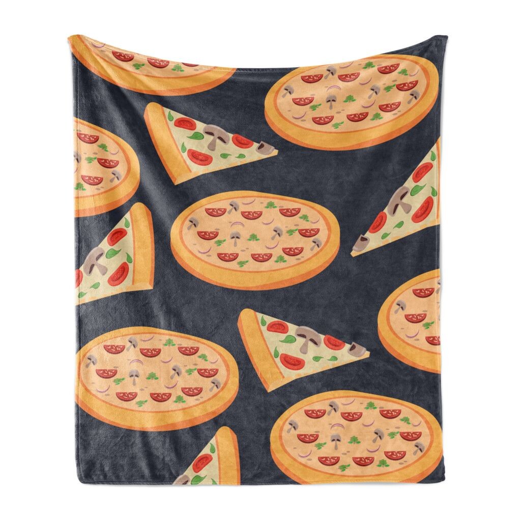 

ABAKUHAUS Италия Мягкое фланелевое флисовое одеяло, винтажный стиль, мультяшный дизайн, смешанная пицца и ломтики, художественный принт, 175 x 230 см, темно-синий, серый и разноцветный
