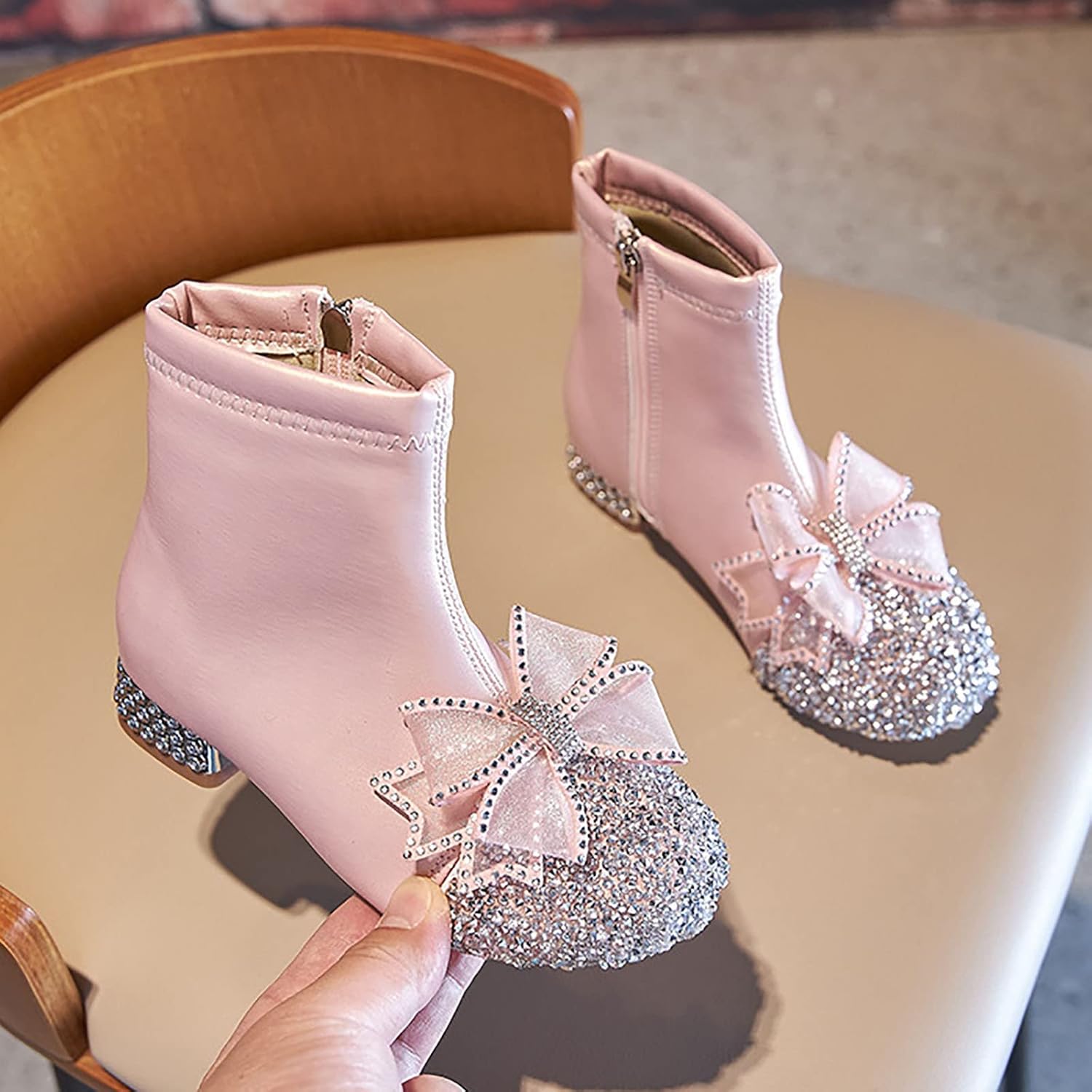 Kids Bowknot Sequin Sparkly Ankle Boots for Girls Low Heel Dress Booties 2024 Fashion Side Zipper Glitter Big Girl Shoe Generic, Pink — фото 2