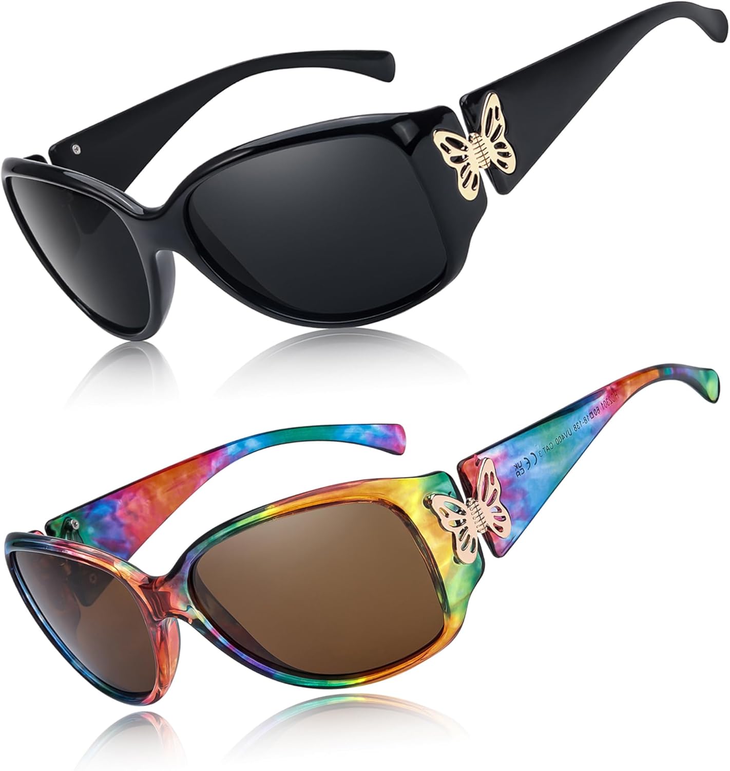 

Женские поляризованные солнцезащитные очки Myiaur, модные ретро-очки с защитой от УФ-излучения UV400 и декором в виде бабочек (2 шт.), A04(2 Pack)black/Grey+rainbow/Brown