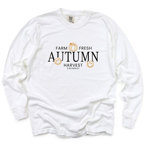 

SWSmiley farm fresh autumn harvest - женская футболка с длинным рукавом и принтом, окрашенная в стиле garment dyed Simply Sage Market, White, Белый, SWSmiley farm fresh autumn harvest - женская футболка с длинным рукавом и принтом, окрашенная в стиле garm