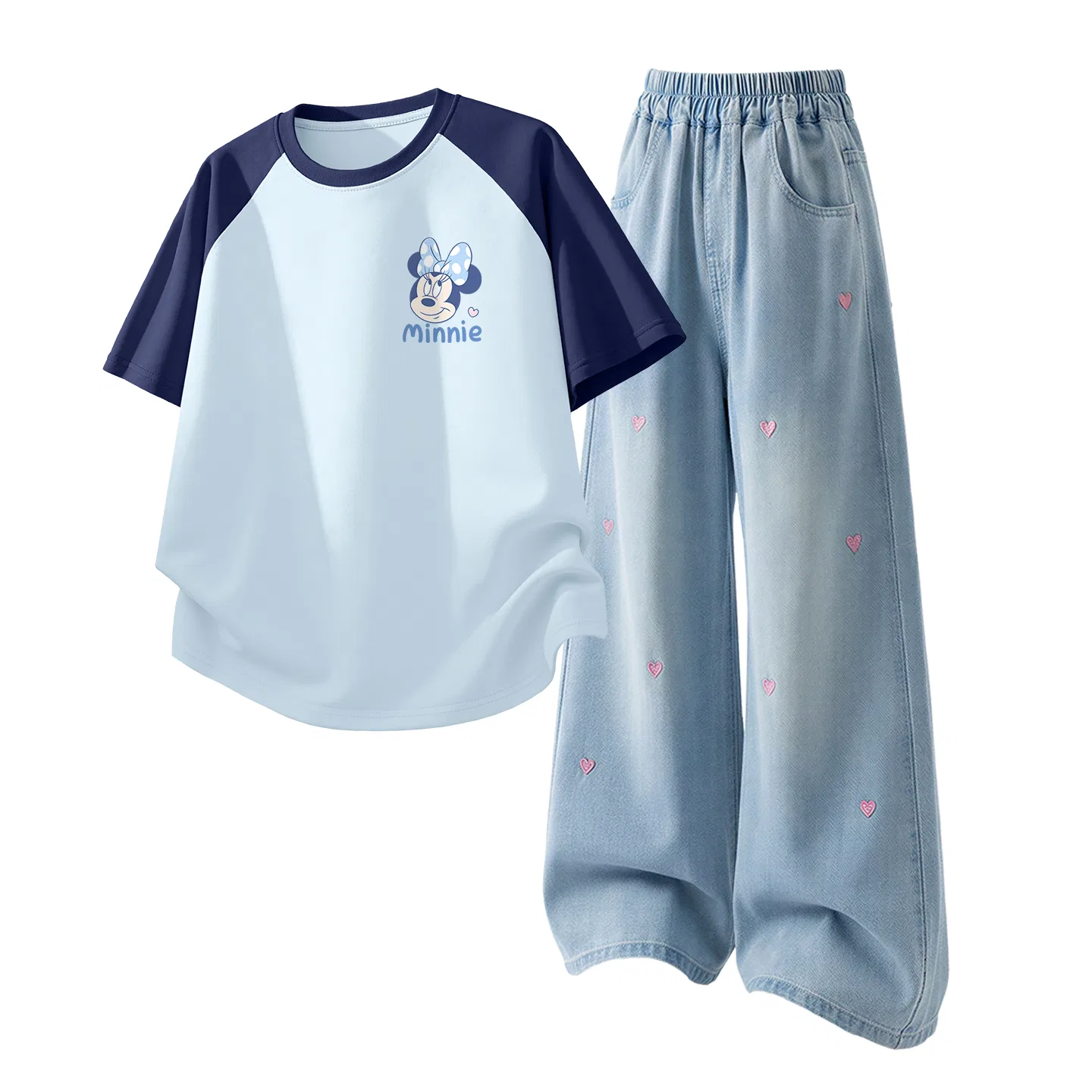Детская повседневная спортивная футболка с круглым вырезом Disney, Di L Cute Nini K Blue White+Solid Color Denim Light Blue