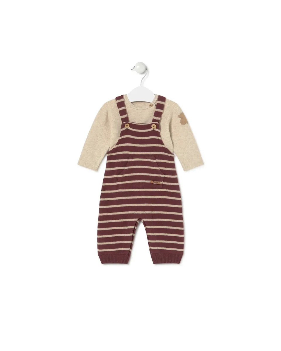

Детский комплект однотонная футболка и вязаный полосатый комбинезон Tous, гранатовый