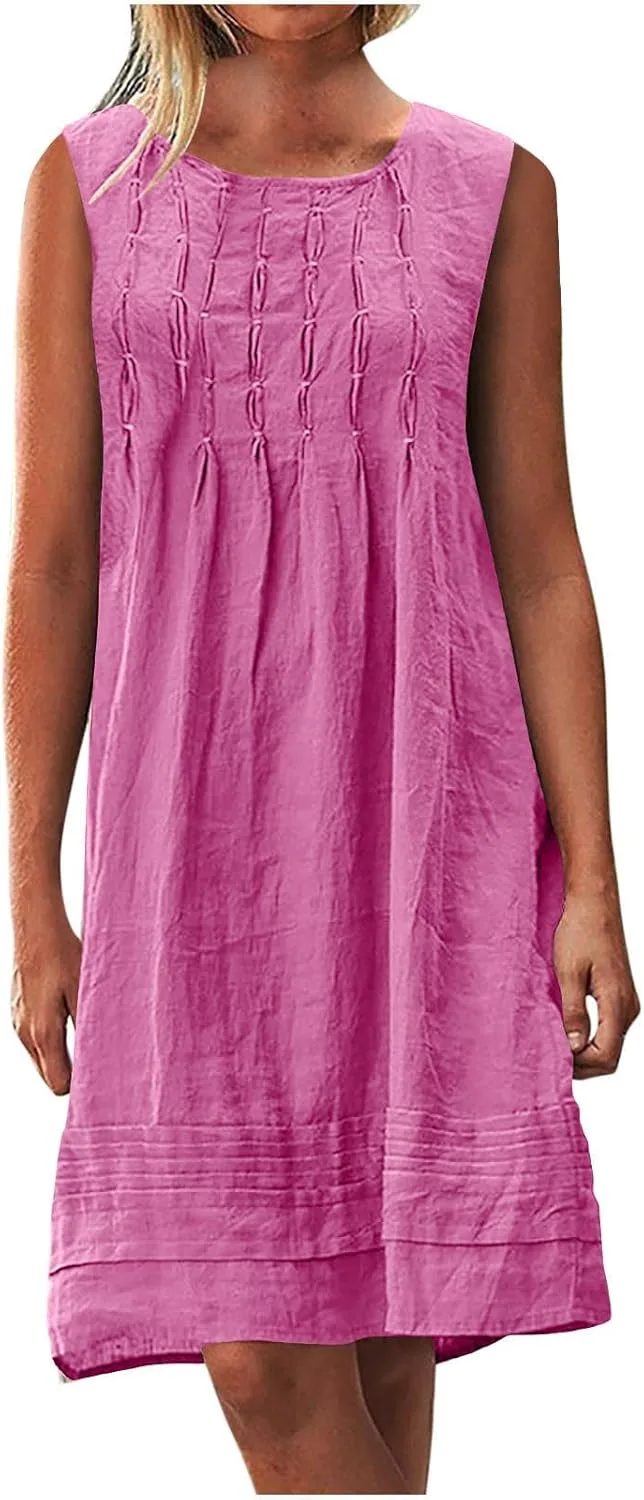 Женские платья миди без рукавов с круглым вырезом и складками, платья А-силуэта, повседневные льняные сарафаны, удобные свободные платья Generic, розовый