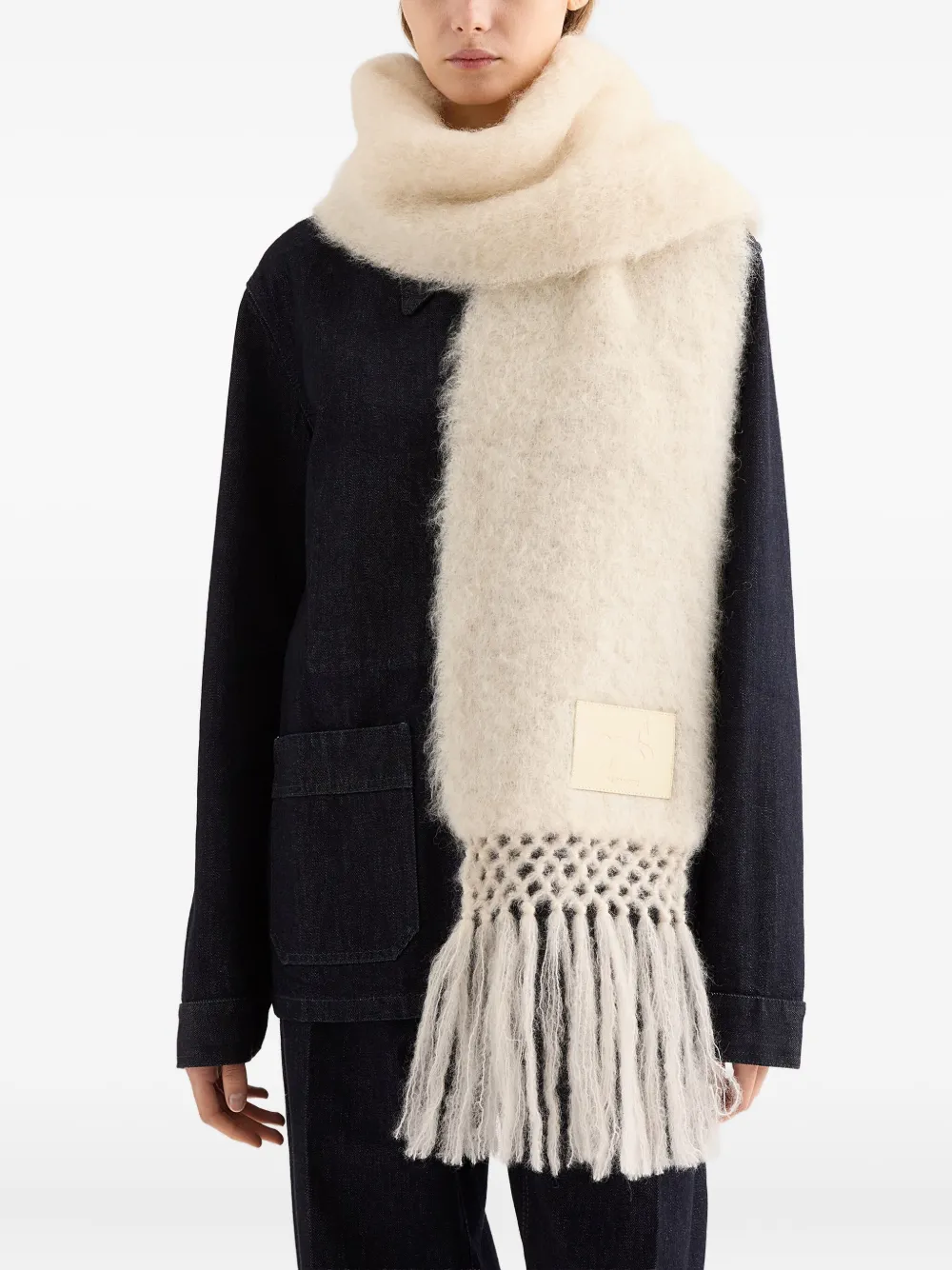 Шарф с бахромой и нашивкой с логотипом Jil Sander, кремовый — фото 3