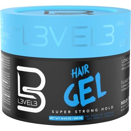 

L3VEL3 Суперсильный гель для волос Создает гладкую и долговечную прическу Придает объем и блеск Формула на водной основе без чешуек Чистый и освежающий аромат Легко смывается 250 мл Суперсильная фиксация