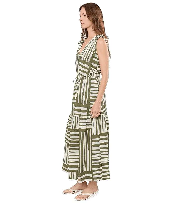 Платье миди с V-образным вырезом Sleeveless V-Neck Striped Gauze Midi Calvin Klein, Light Olive/Cream — фото 3