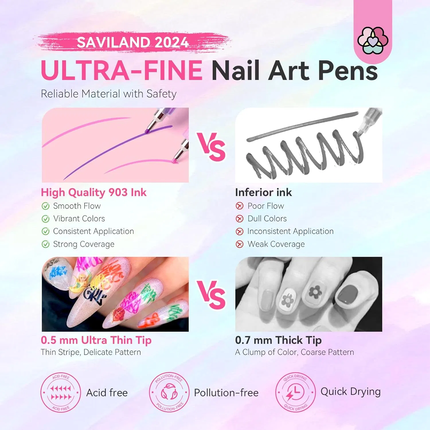 Набор из 12 ручек для 3D дизайна ногтей Saviland Saviland, A-12 Colours Nail Art Pens — фото 4