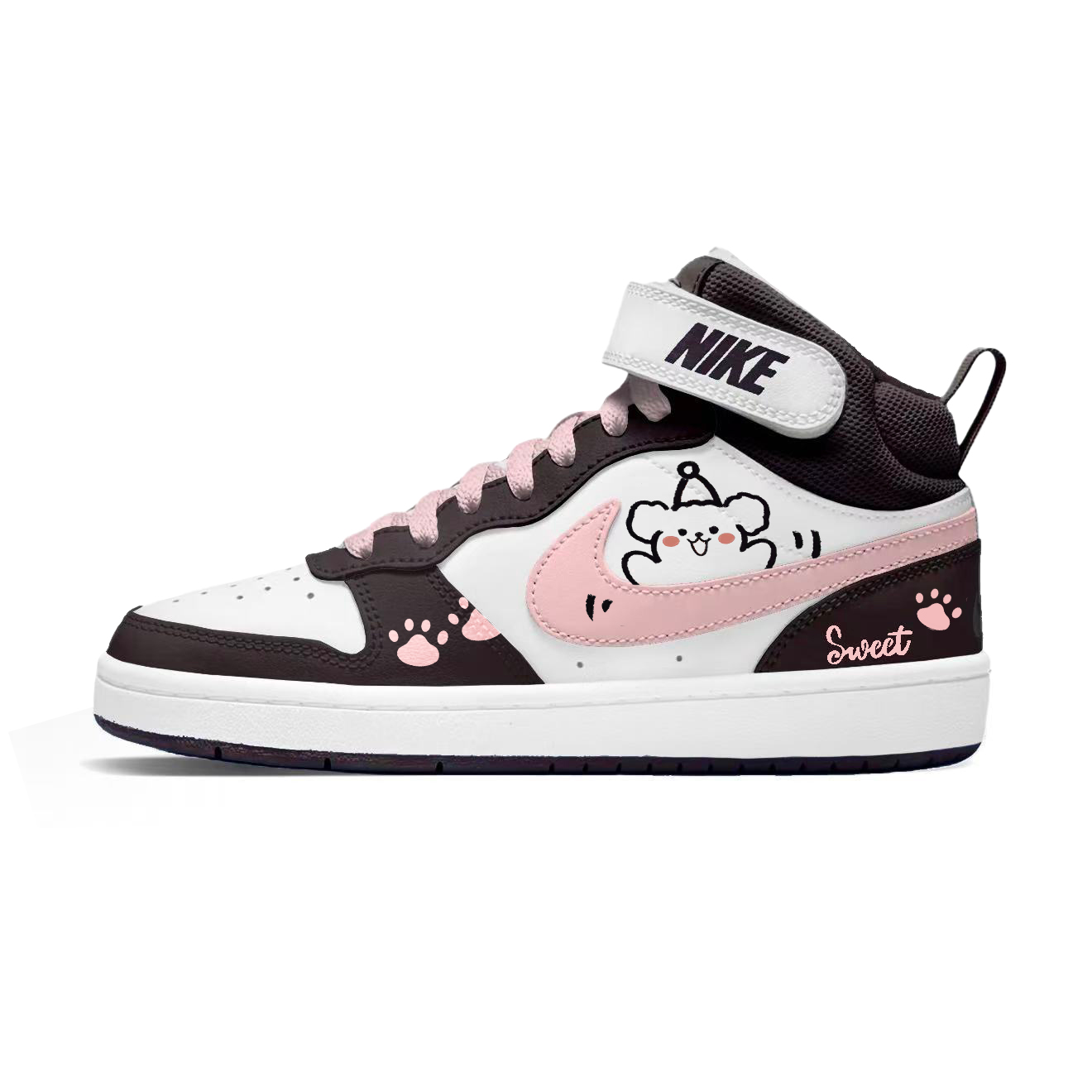 

Nike Детские высокие скейтбордистские кроссовки Court Borough 2 Puppy Love из кожи, нескользящие и износостойкие, черные с розовым принтом