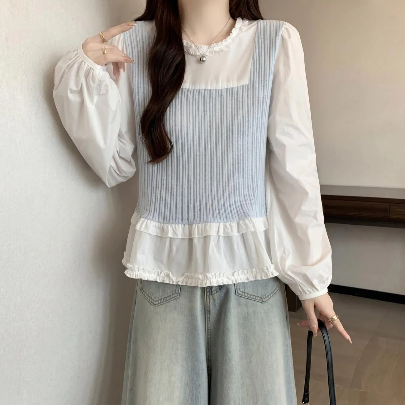 Блуза с эффектом наслоения, Regular Fit, Casual, светло-голубой — фото 3