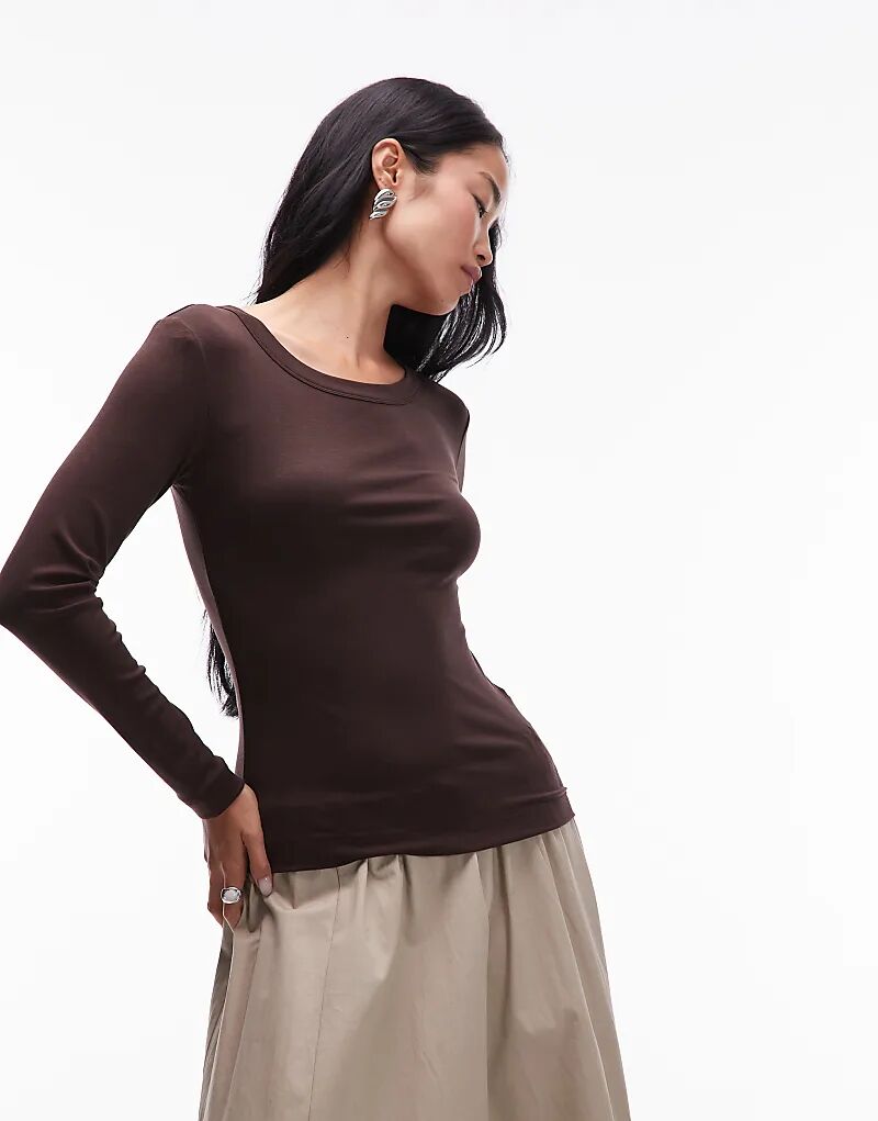 

Трикотажный лонгслив ARKET с длинными рукавами и вырезом-лодочкой коричневого цвета