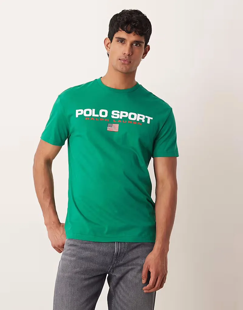 Футболка Polo Ralph Lauren Sport с принтом в виде флага на груди, классический крой, цвет хаки