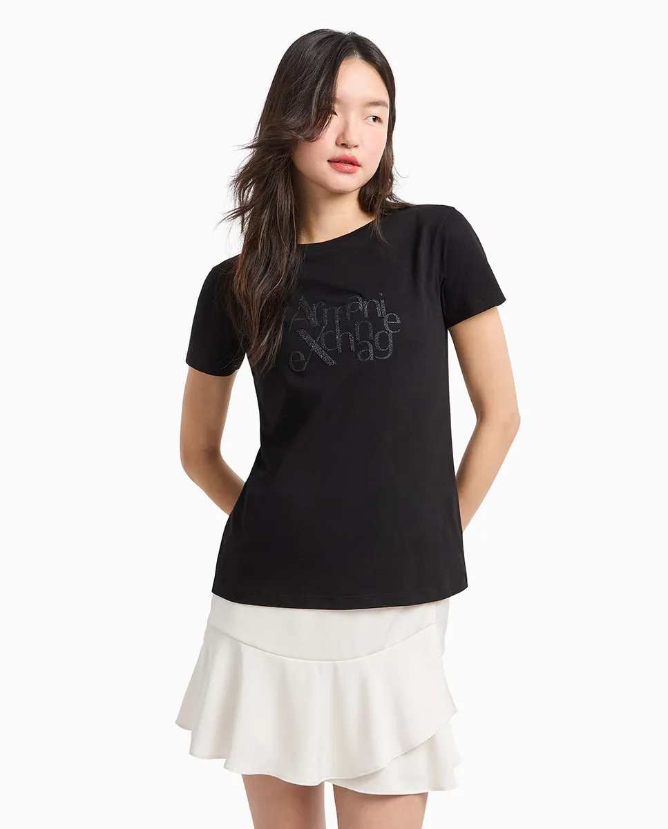 

Женская футболка классического кроя с блестящим логотипом Armani Exchange, черный