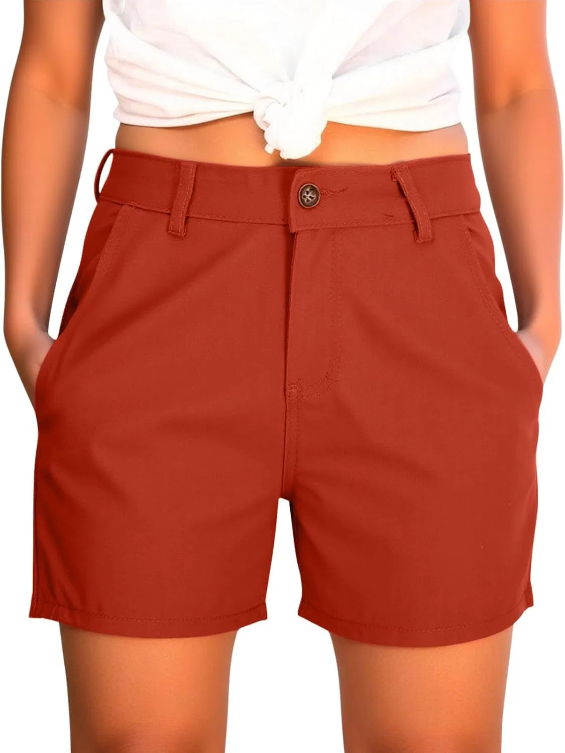 Женские шорты с высокой талией и карманами, карго, летние, однотонные, Plus Size Generic, оранжевый — фото 3