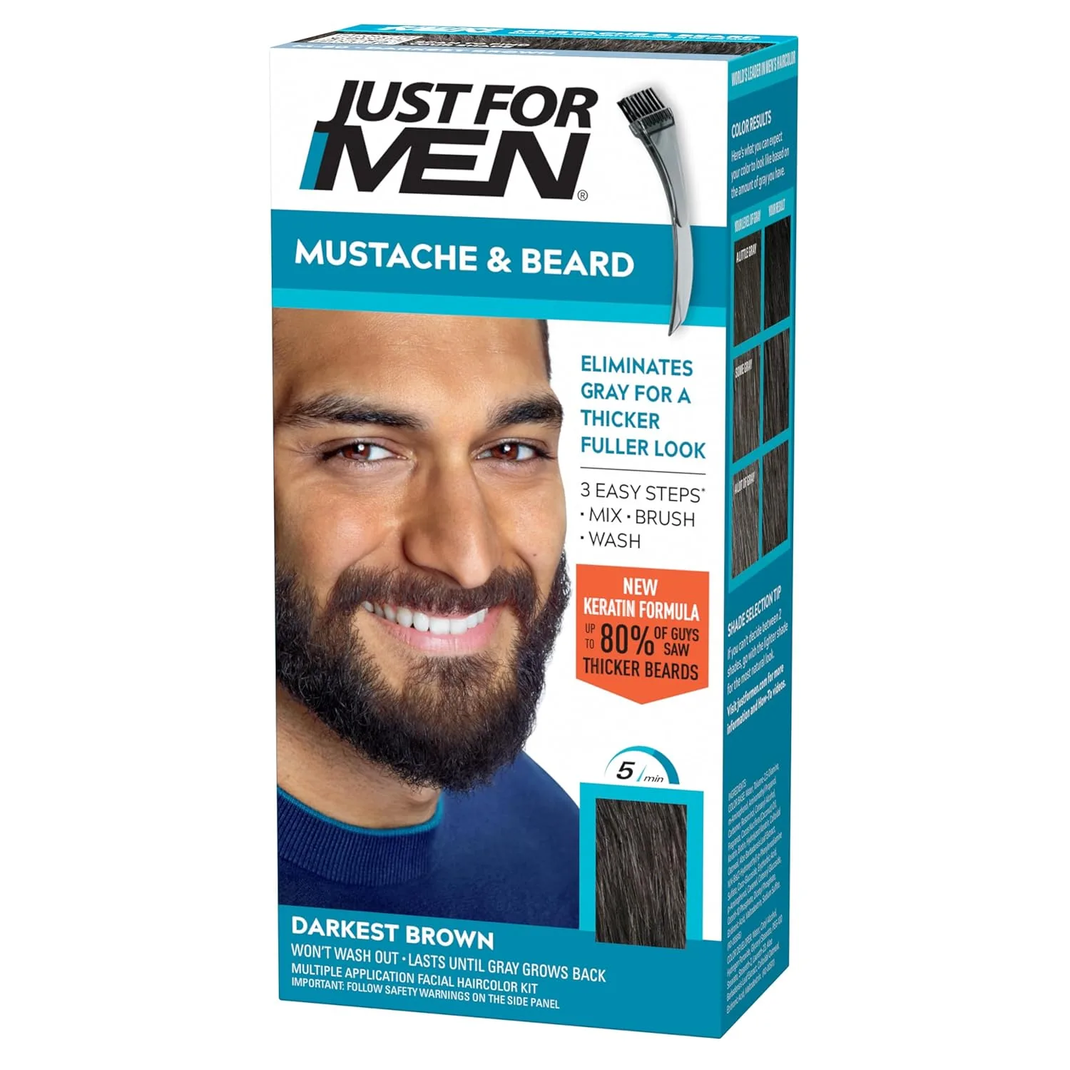 Just For Men Mustache & Beard, окрашивание бороды для седых волос с кистью, с кератином, биотином, алоэ и кокосовым маслом для здоровой растительности - Darkest Brown, M-50 1 штука (1 шт.), Darkest Brown M-50