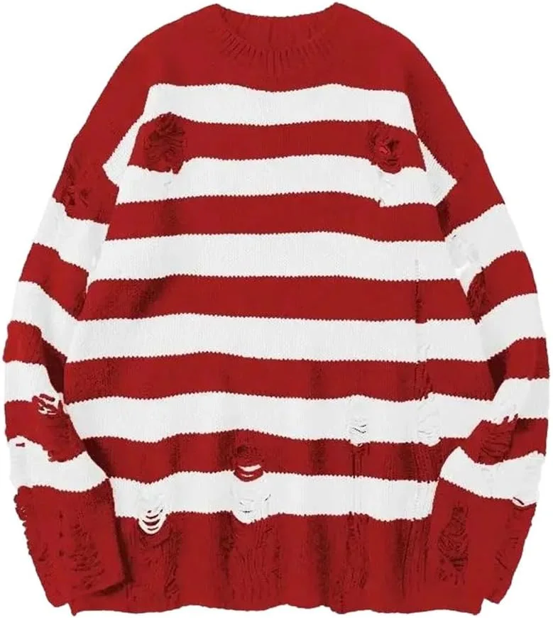 

Мужской вязаный свитер с круглым вырезом, полосками и вышивкой