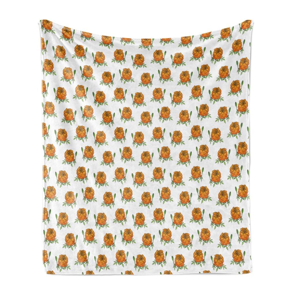 

Мягкое фланелевое флисовое одеяло ABAKUHAUS Flowers, милые иконы с цветами бархатцев на однотонном фоне, 175 x 230 см, оранжево-зеленый белый, оранжевый