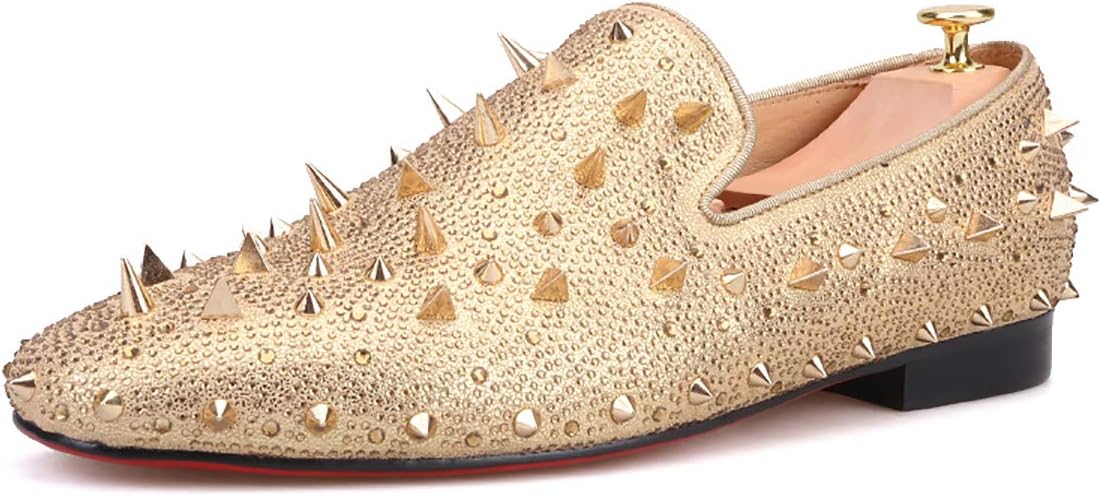 Мужские блестящие кожаные слипоны HIHANN Spikes and Diamonds, лоферы-смокинг Hi&Hann, золотой — фото 2