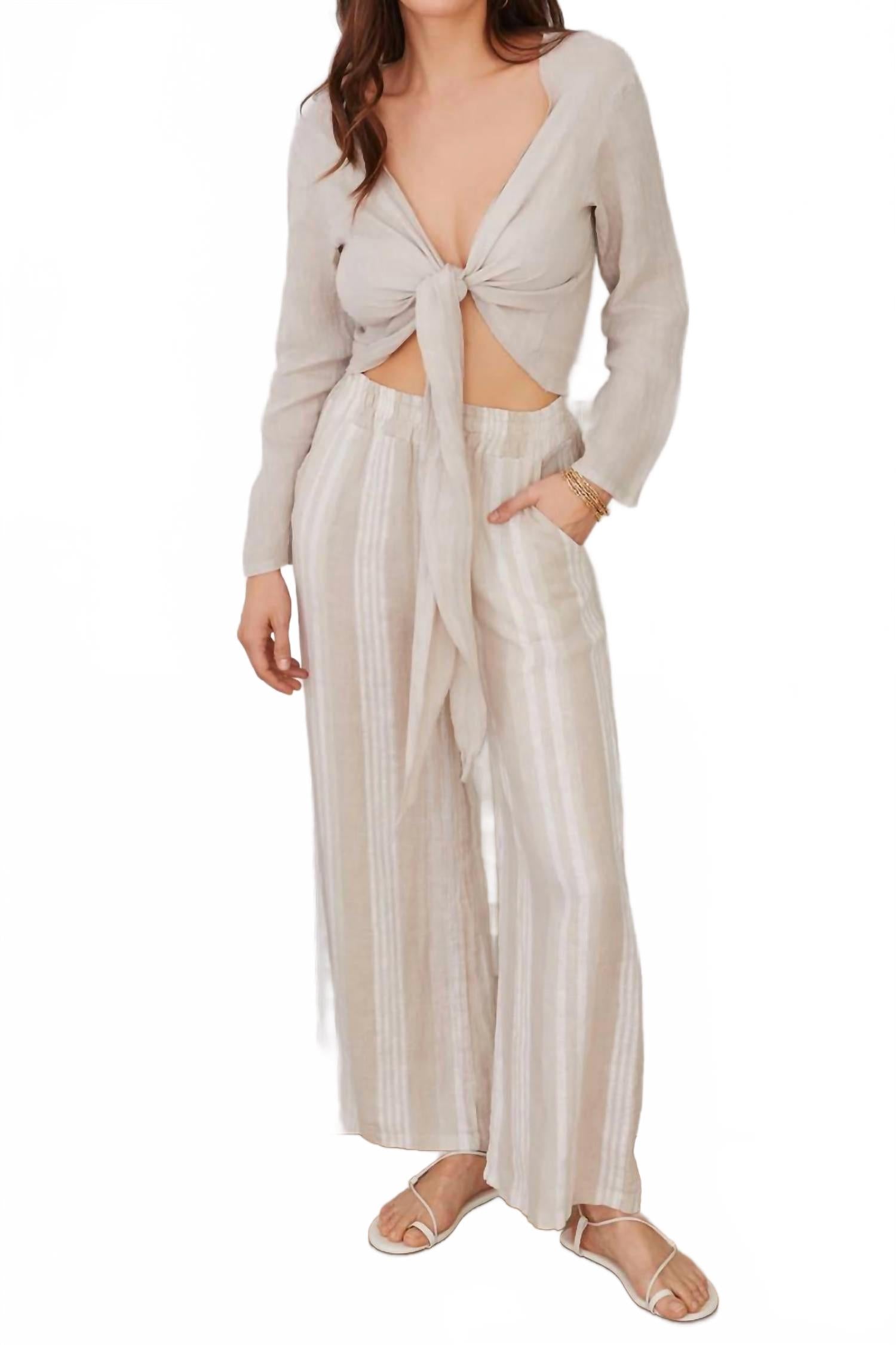 

Арабэлла Полосатые льняные брюки с широкими штанинами в бежевом цвете Milio Milano