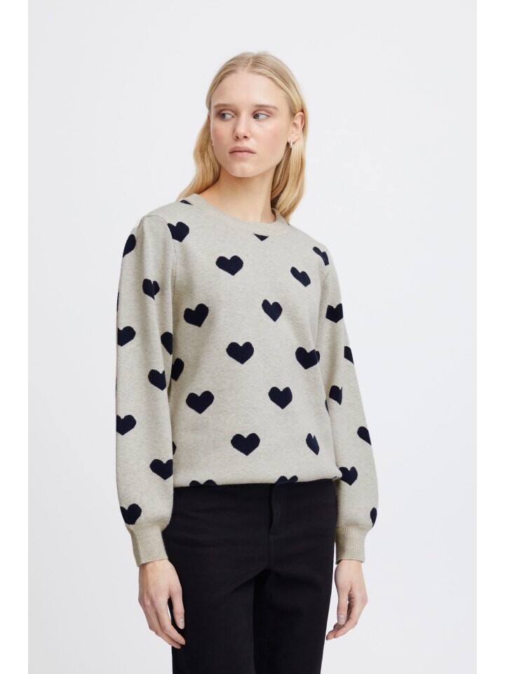 

Пуловер ICHI Strickpullover IHBRIELLE LS2 20120440 Femininer Strickpullover mit Herzchen-Print, бежевый