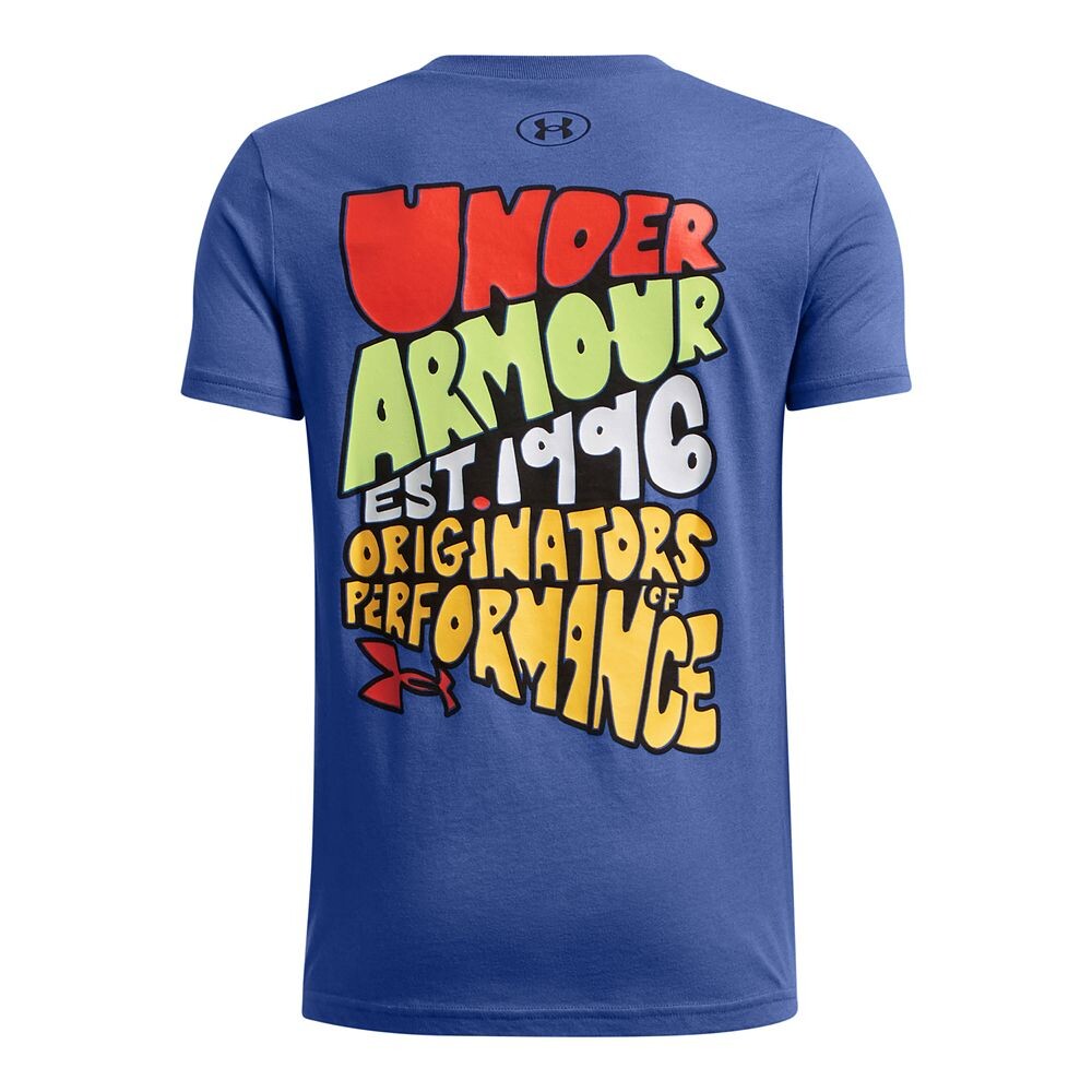 

Футболка Under Armour с короткими рукавами и буквами мультфильмов для мальчиков 8–20 лет, цвет Tech Blue Black