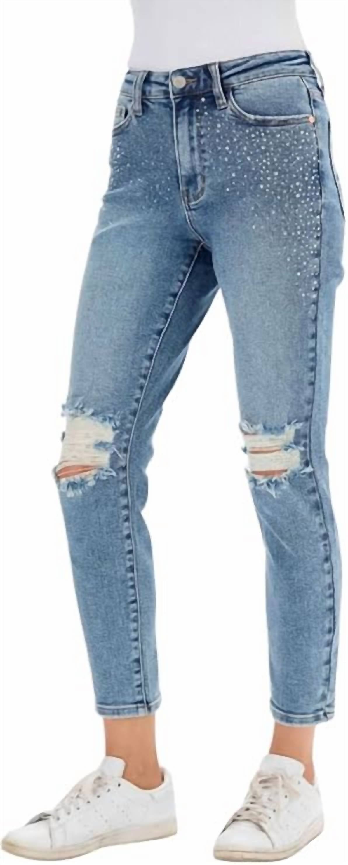

Джинсы Slim Fit со стразами средней степени стирки Judy Blue, цвет medium wash