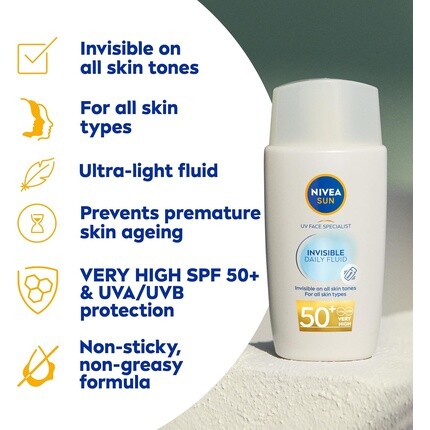 Nivea Солнцезащитный крем для лица Sun Uv Face Invisible Daily Fluid Spf50+ 40 мл, солнцезащитный крем для лица с ниацинамидом 8H Matte Effect Spf50, увлажняющий крем для лица, невидимый для всех тонов кожи — фото 2