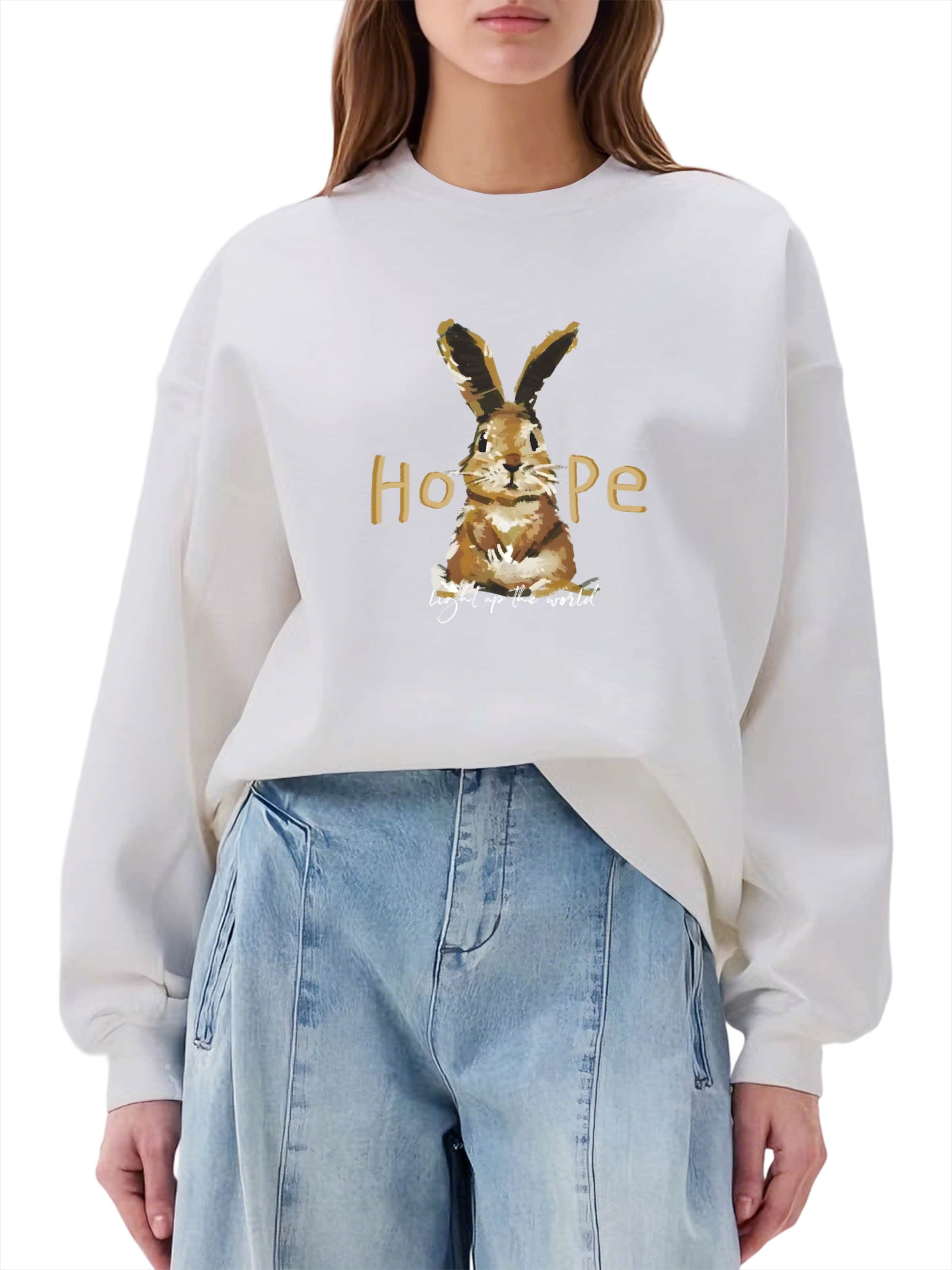 

GORHEY Свитшот 'Women's Crew Neck Sweatshirt with Rabbit Print, Loose Long Sleeve Fleece Pullover' в белом цвете