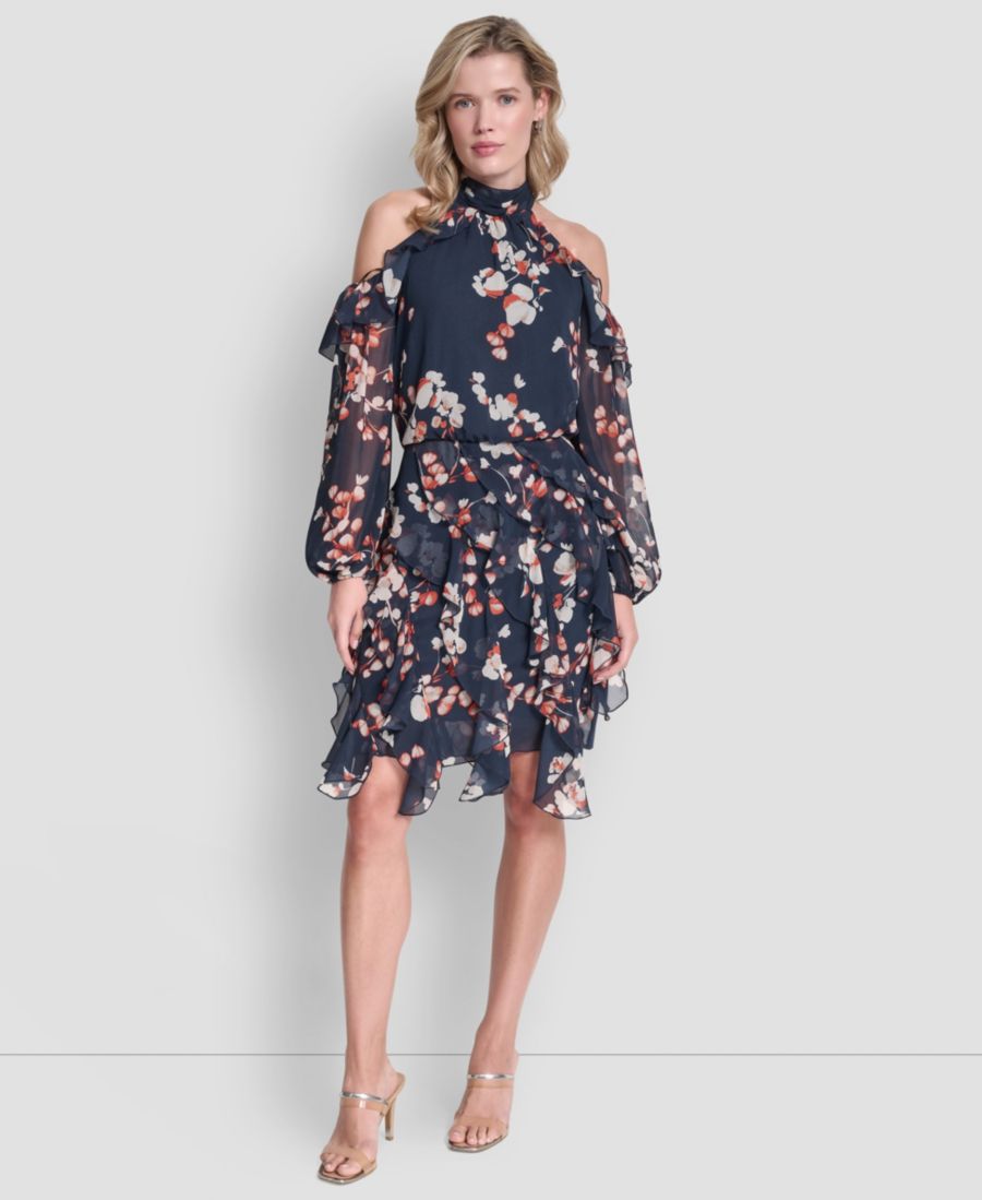 

Женское платье с открытыми плечами, воротником-стойкой и оборками DKNY, Indigo Multi