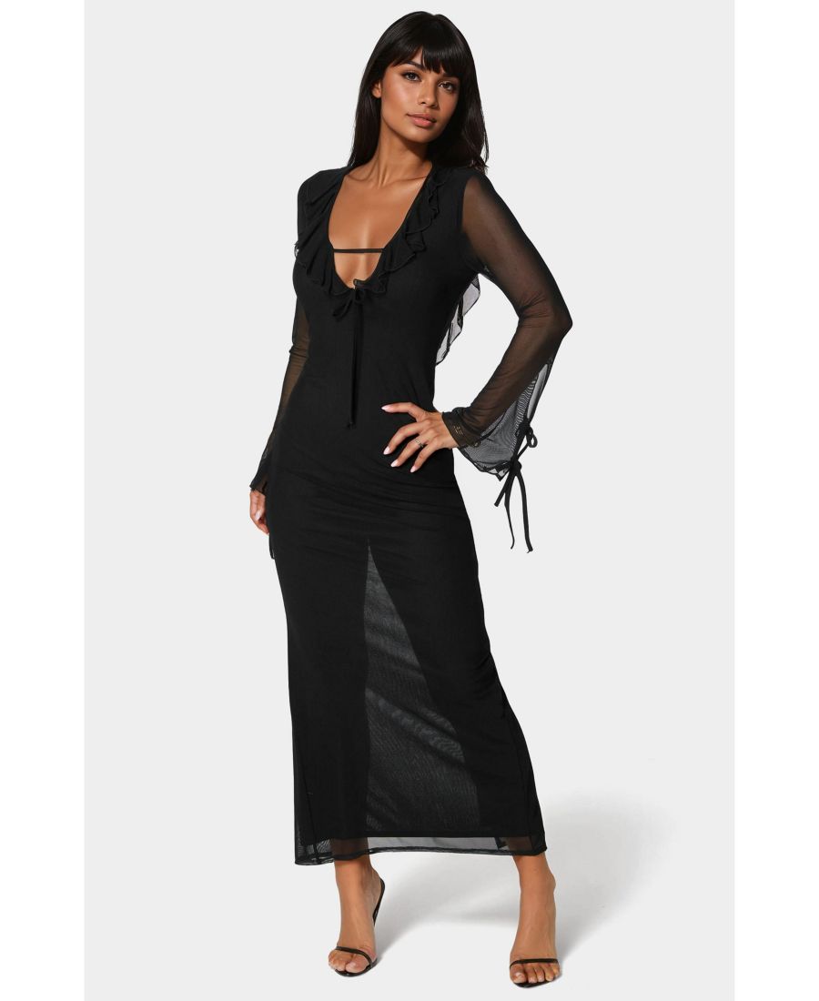 

Женское длинное платье макси с длинными рукавами и оборками на воротнике Bebe, Black