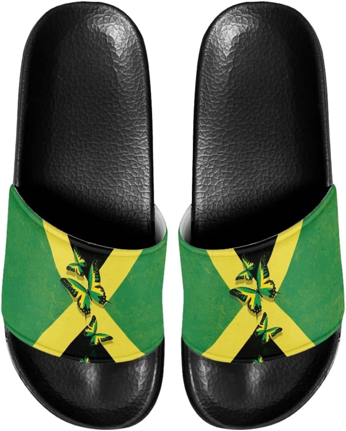 

Милые шлепанцы для женщин, удобные, быстро сохнущие, на плоской подошве, для пляжа и душа Judentidos, Jamaican Flag Butterfly