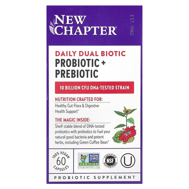 

New Chapter, Daily Dual Biotic, пробиотик и пребиотик, 60 веганских капсул